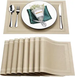 Set of 8 Beige PVC Placemats - Washable Heat and Stain Resistant Vinyl Woven Non Slip Table Mats for Indoor Outdoor Restaurant Table Protection, 8PCS