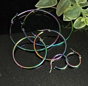Pair of Stunningly Unique Rainbow Hoop Earrings - Ion Plated Stainless Steel Ring - 22g