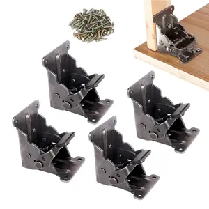 4 Pack Folding Brackets, Lock Extension Support Bracket Foldable Self Lock Hinges with Screws for Table Bed Leg Feet - Black