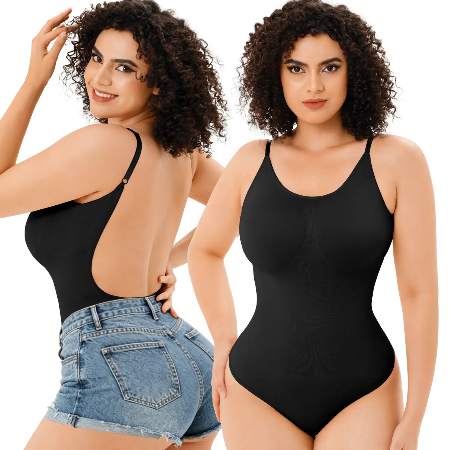 Women's M V-Neck Knit Solid Fabric Backless Abdominal Shapewear Thong Bodysuit - Sleeveless Compression Low Back Tank Top for Summer Under Dresses