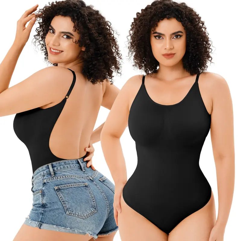 Women's Basic Casual Lady M V-Neck Sleeveless Elastic Shapewear Bodysuit - Solid Knit Fabric, Backless, Abdominal Compression, Black Thong Style Summer Under-Dress Tank Top, Backless Slim Design, Comfortable, Fit