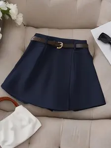 French Style Commuter All-Season Women's Shorts, Loose-Fitting Summer Fashion, Solid Color Faux Pouch Design, Belted Short Pants