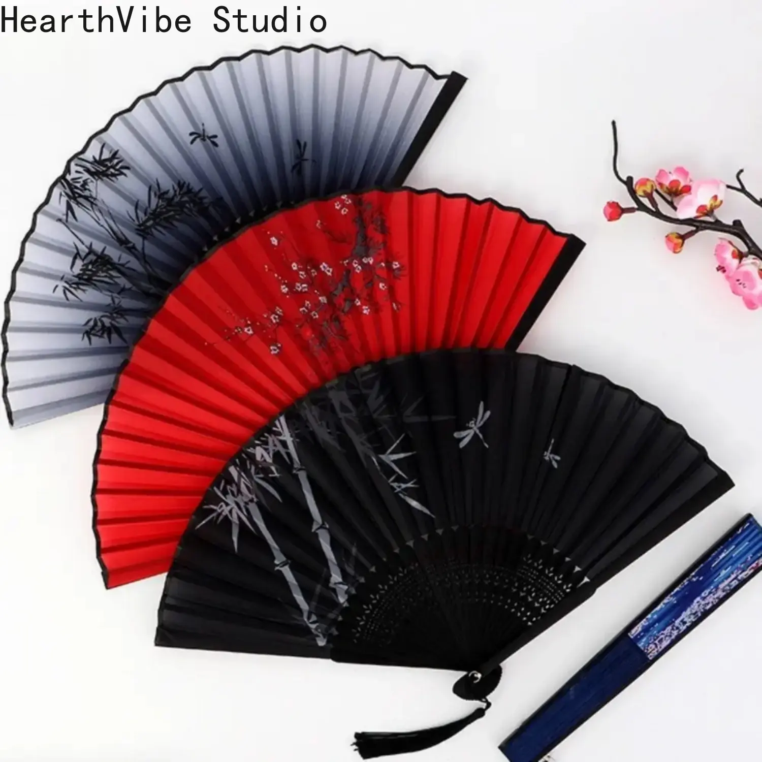 3pcs Vintage Bamboo Folding Fans (1-8-33) - Chinese-Inspired Aesthetic Collectible Artwork Hand Fans, Solid Color & Floral Details, Portable Tassel Accessory, Summer Home Decor Supplies for Celebrations & Gifting, Aesthetic Hand Fans