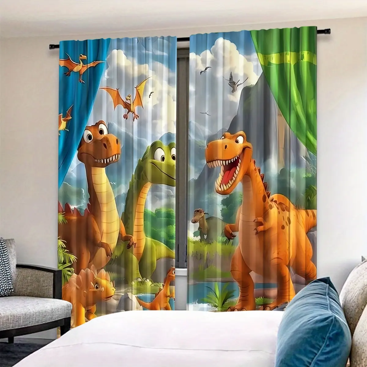Cartoon Dinosaur Print Curtains Set, Home Decoration Curtain, Window Curtains, Fun Adventure Style, Perfect for Kids Room Decor, 2 Pieces, Ca Prop 65 Compliant