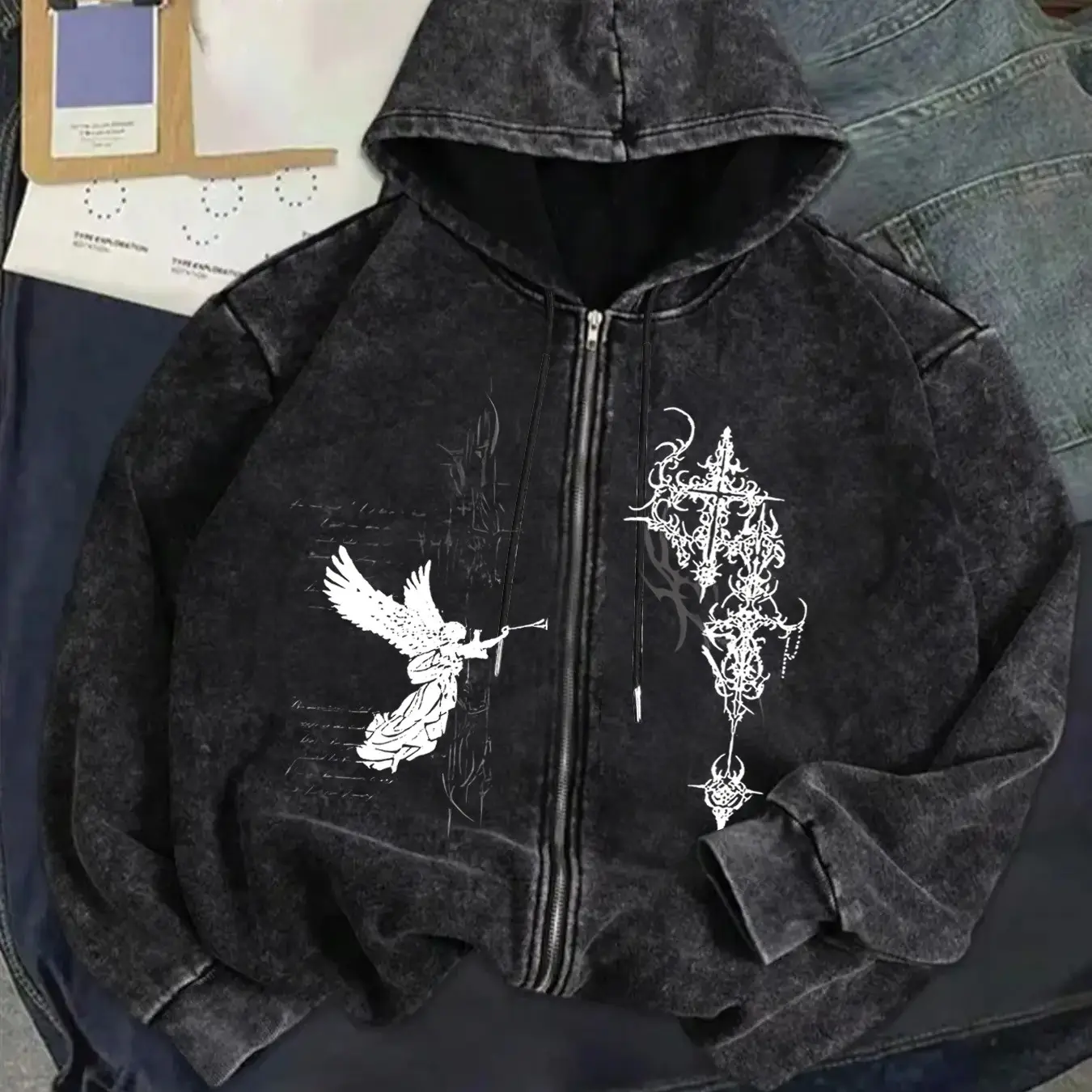 Y2K Rock Wash Full Zip Hoodie, Gothic Cross and Tribal Thorn