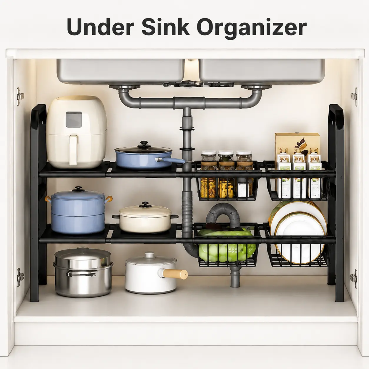 Expandable Under Sink Organizer with 4 Sliding Baskets, 2 Tier Adjustable Kitchen Cabinet Storage Rack, Pipe Friendly Space Saver