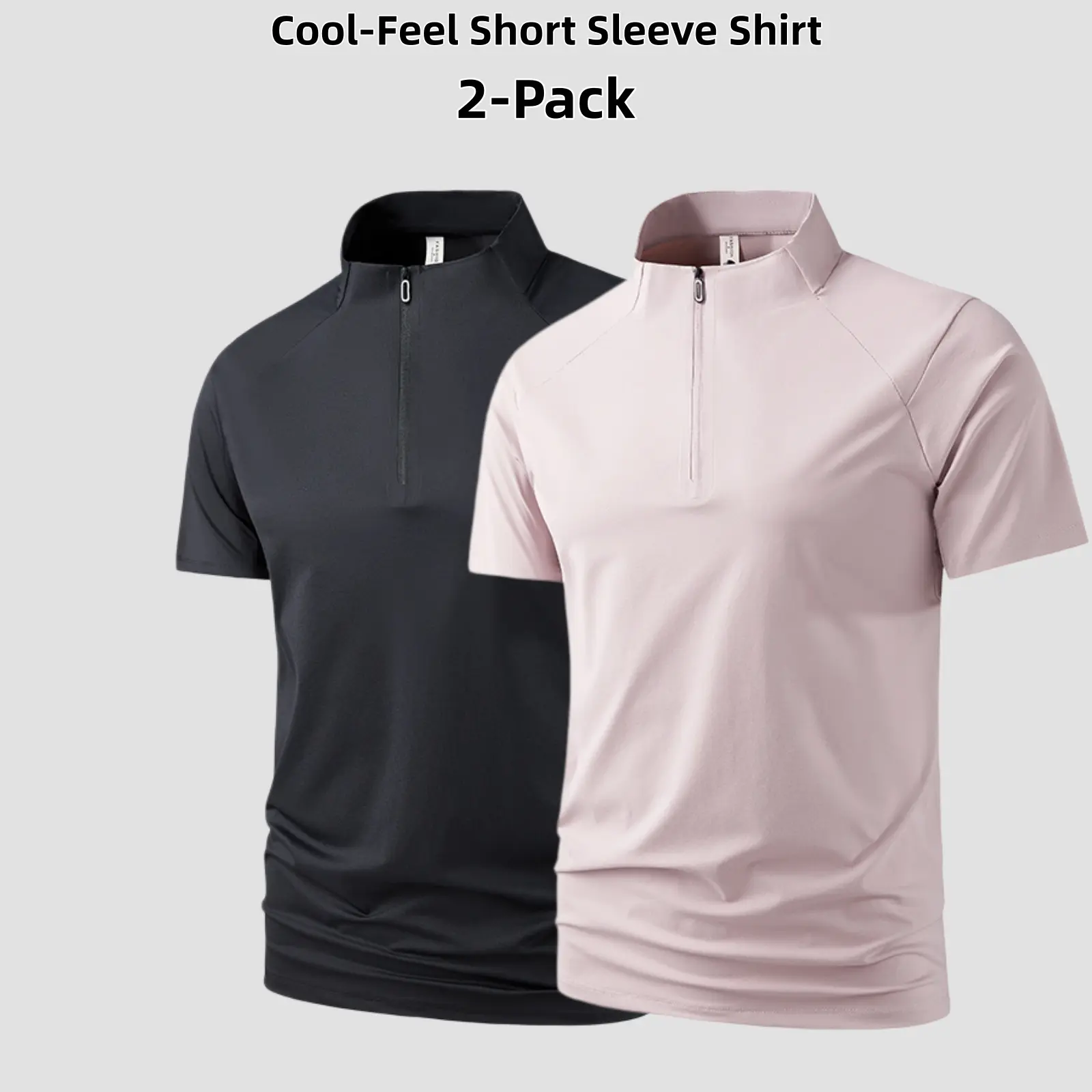 Men's Cool-Touch Quarter-Zip Stand Collar Short Sleeve Slim Fit Cooling Shirt, 2-Pack, Polyamide-Elastane Lightweight Stretch, Moisture-Wick Wrinkle-Resistant Quick-Dry Breathable, for Golf Office Wear, Slim Fit Shirt, Quick Dry Polo Shirts
