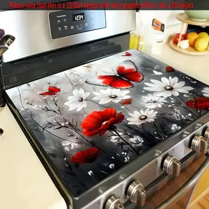 1pc 2D/Flat Red and White Flowers with Butterflies Stove Top Protectors, Delicate Rubber Stove Cover Protector, 28.3 X 20.5 Inch, suitable for spring - themed parties, flower shops, home gardens with a small kitchen area.