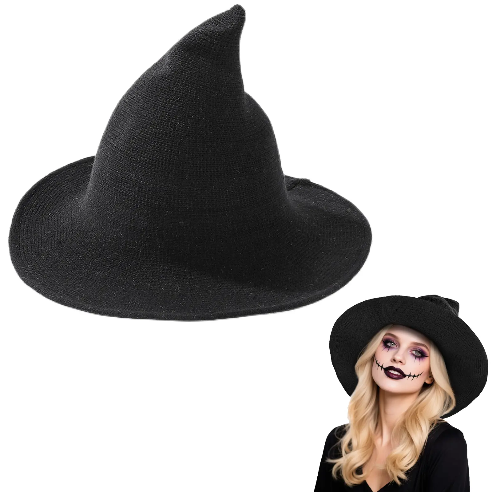 Witch Hat for Women Wide Brim Foldable Wool Kintted Wizard Hats Classic Halloween Knitted Wool Wizard Hat Wide Brim Pointed Witches Cap for Party Cosplay Costume