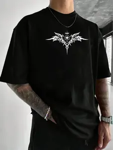 Men'S Gothic Dark Pattern T-Shirt with Black And White Bat Wings And Barbed Wire Back Hot Stamping Print - Featuring Intricate Wings And Thorns Design, Ideal for Gothic Fashion Lovers, Crew Neck T-Shirt