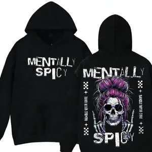 Mentally Spicy Hoodie Sassy Skull with Purple Messy Bun and Skeleton Hands Funny Unisex Sweatshirt with Handle With Care Vibes for Spicy Souls Black Long Sleeve Pullover