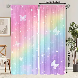 Rainbow Butterfly Starry Sky Curtains for Girls' Bedroom Window Curtain Pole Pocket Gradient Colors Cute and Elegant Children's Room Decoration Sky Clouds Star Art Printing Baby Nursery Princess Style Living Room Curtains 2-piece Set