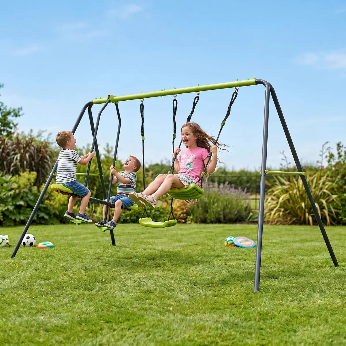 Aobtkel Kids 3-Seat Swing Set 440lbs with Curved Boards Face-to-Face Design Heavy Duty Metal Frame Outdoor Playset for Backyard Playground Children Toddlers Age 3+ Boys Girls Easy Assembly Weather Resistant Rust Proof Gift Fun