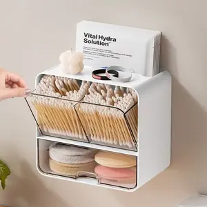 Wall-Mounted Bathroom Makeup Cotton Pad Storage Box, Powder Puff Swab Wipe Organizer Rack, Space-Saving Cosmetic Holder, Makeup Tool Organizer