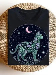 Men's & Women's Gothic Black Cat & Moon TShirt with Glowing Fairy Mystical Night Sky Print Loose Fit Round Neck Smooth Texture for Halloween Costumes & Gothic Party Outfits Yea Classic Retro Styl, PLUS SIZE