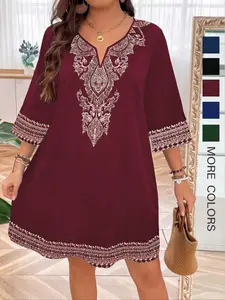 【Plus Size】 Ethnic Pattern Notched Neck Dress, Boho Fashion Half Sleeve Dress for Daily Holiday Vacation Wear, Women Plus Clothing for Summer, Casual Boho Bohemian