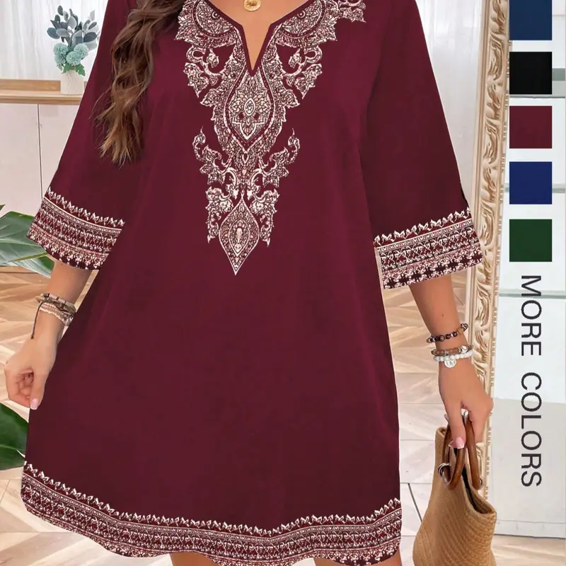 【Plus Size】 Ethnic Pattern Notched Neck Dress, Boho Fashion Half Sleeve Dress for Daily Holiday Vacation Wear, Women Plus Clothing for Summer, Casual Boho Bohemian, Casual Boho Chic, Boho Bohemian Style