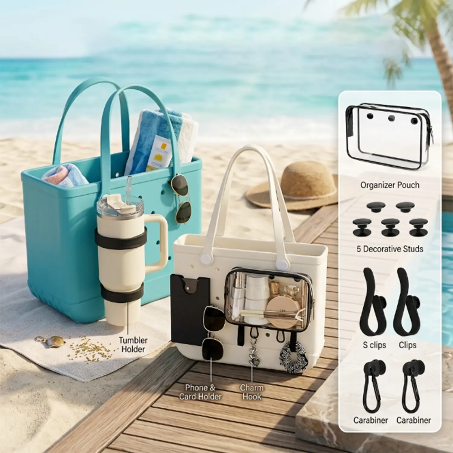 Accessories for Bogg Bags,7PCS Compatible with Original Medium and Large Bogg Bag,Phone Holder for Inside and Outside of Bogg Bag Accessories,PVC Insert Bags,Hooks,and Keychain