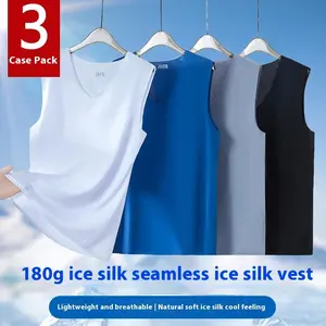 Men's Ice Silk V-neck Sleeveless T-shirt, 3 Pieces, Breathable Quick-Drying, Upgraded Fabric, Summer New, Polyester Top Casual white shirt menshirt