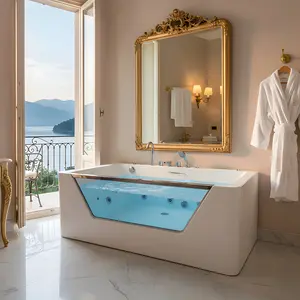 67-inch white Whirlpool spa jet bathtub with glass panel, 7 nozzles, three-sided skirt, 89 gallons