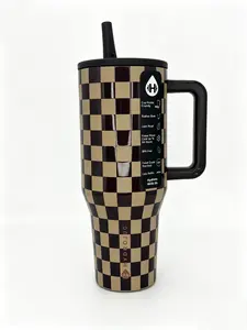 HydroJug Traveler 40oz Brown Checkered Stainless Thermo Tumbler Flask - 24hr Cold, Leakproof, Cup Holder Friendly, Stylish Retro Checkerboard, Portable, BPA-Free Drinkware with Handle & Straw,summervibes