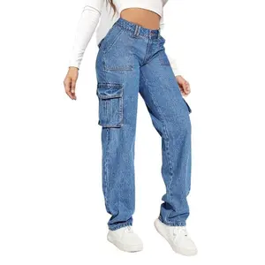 High-Waisted Inspired Denim Cargo Jeans - Side Flap Pockets, Light Wash, Casual Slash Pockets, Comfortable Fabric, Stylish Design, Women's Fashionable Clothing for Everyday Wear outdoor gym Flared Pants Cotton Pants hiking.