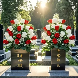 Artificial Cemetery Flowers, & Rose with Leaf, All-Season Maint Free, Outdoor Gravestone Decoration, Memorial Bouquet
