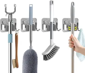 Broom Holder Wall Mount with Screws (4 Pack) Broom and Mop Organizer Wall Hanging, Anti-Slip Mop Holder Broom Hanger with Hooks, Stainless Steel Tool Rack for Garden Garage Organization Aenfaiy