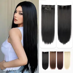Straight Clip-In Hair Extensions 22 Inch, Natural Black Silky Hair, Seamless Glueless Clip-Ins, Full Volume Soft Straight Hair