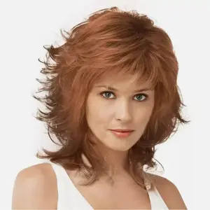 Mid Length Shag Capless Wavy Layered Synthetic Hair Wigs Brown Red Women Natural With Bangs  Daily use Holiday party wig