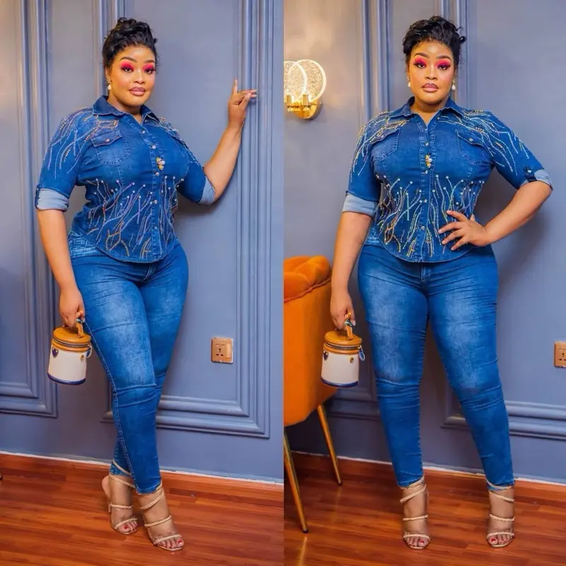 Newest 2 Piece Jeans Set,  Jeans and Top - Long Jeans, Comfortable for Cool Weather, Fits Casual Trouser Suits Clothes Womenswear Bottom Matching Outfit Pants Everyday Style