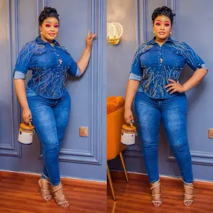 Newest Jeans 2 Piece Set,  Jeans and Top - Long Jeans, Comfortable for Cool Weather, Fits Casual Trouser Suits Clothes Womenswear Bottom Matching Outfit Pants Everyday Style