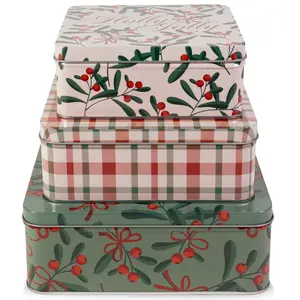 Square Cookie Tins (Set of 3), Holly Jolly