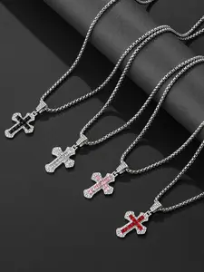 Punk Style Glitter Cross Pendant Necklace with Rhinestones, Unisex Zircon Chain Jewelry, Street Fashion Arrow Sweater Chain Accessory