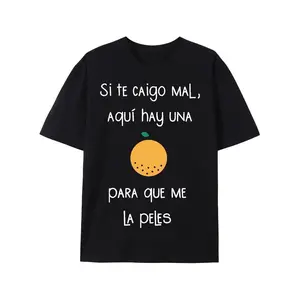 "Si Te Caigo Mal, Aqui Hay Una Para Que Me La Peles" Humorous Black T-Shirt - Soft Cotton Blend, Casual Crew Neck, Short Sleeve with Cartoon Orange Design - Perfect for Daily Wear & Exercise