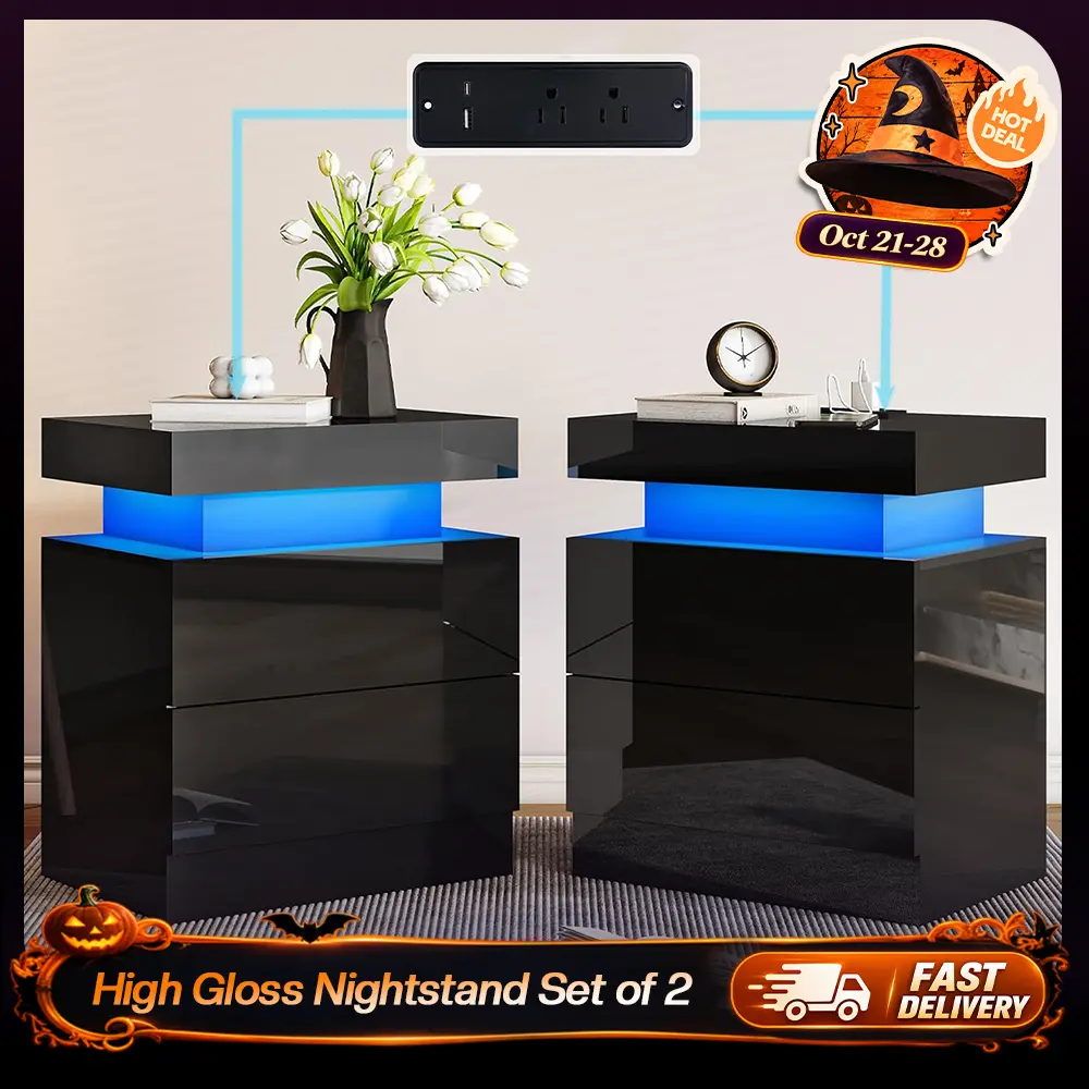 [TWO TABLES IN ONE BOX]VanAcc High Gloss Nightstand Set of 2 with Charging Station, Modern Bedside Table with LED Lights by App and Remote  Control, Sofa End Side Tables with Drawers, Minimalist Night Stand for Bedroom, Living Room  #TikTokShopBlackFriday