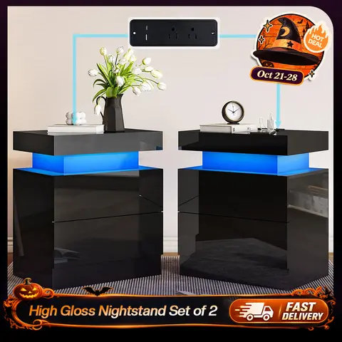 [TWO TABLES IN ONE BOX]VanAcc High Gloss Nightstand Set of 2 with Charging Station, Modern Bedside Table with LED Lights by App and Remote  Control, Sofa End Side Tables with Drawers, Minimalist Night Stand for Bedroom, Living Room  #TikTokShopBlackFriday