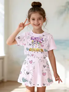 Girls' 3D Heart Print Cartoon Top and Skirt Set, Summer Casual, Slim-Fitting Round Neck Short Sleeve, Two-Piece Ensemble