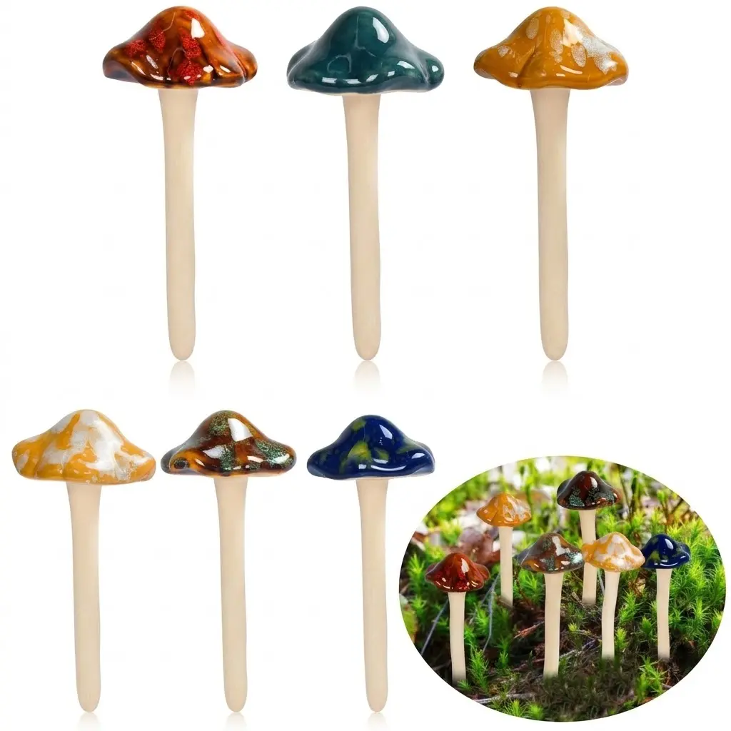 Ceramic Mushroom Statue - Cute Outdoor Decor, Fairy Garden Ornament for Yard, Flowerpot Decoration