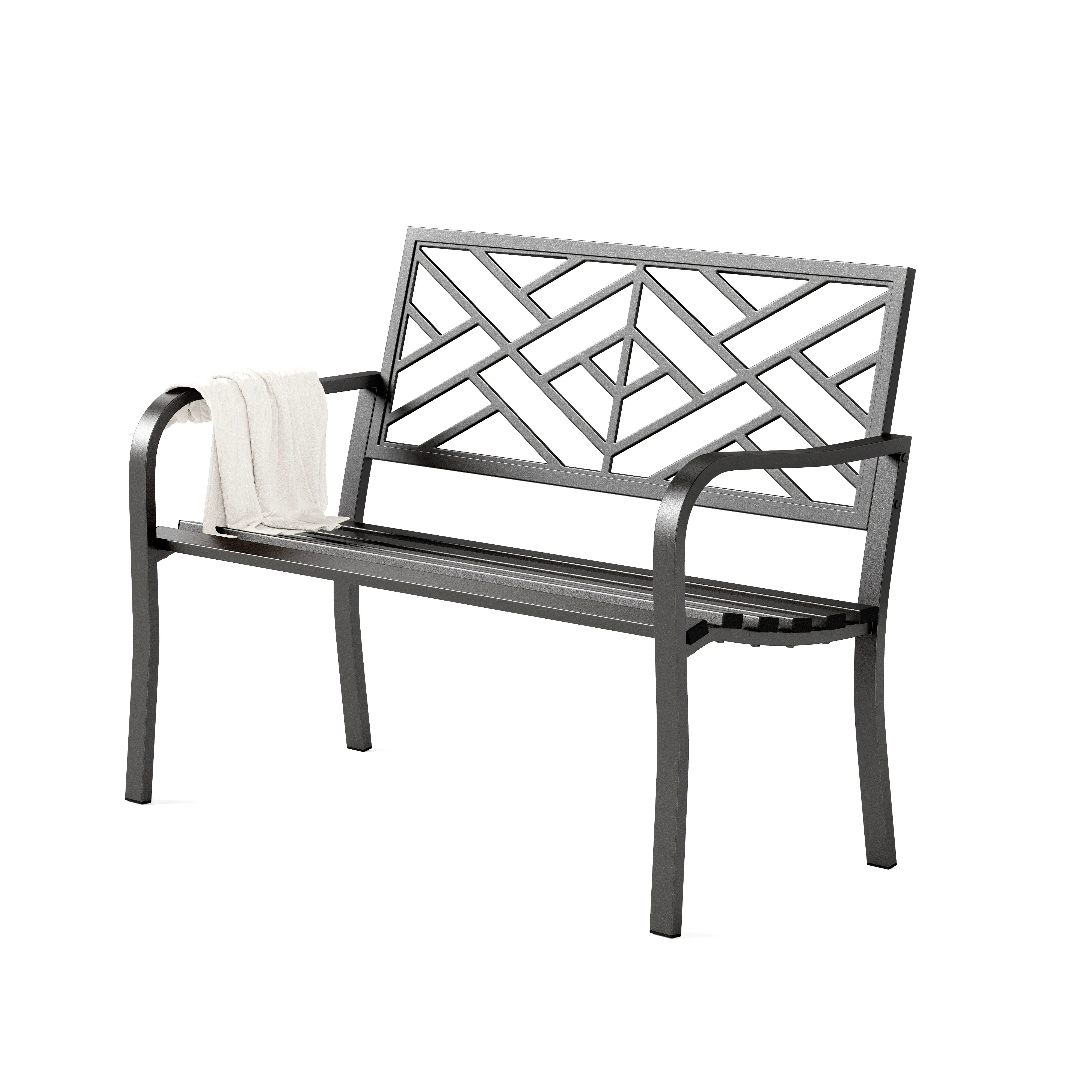 PHIVILLA 43 Inch Cast Iron Steel Frame Outdoor Garden Bench, Patio Furniture Chair Bench w/Floral Design Backrest, Slatted Seat for Park, Yard, Porch - Black