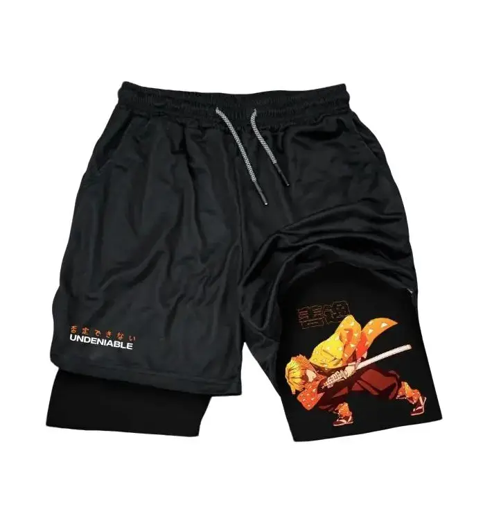 Anime Character Print Men's Shorts, Demon Slayer Zenitsu Graphic Men's Shorts - Summer Double Layer Beach & Fitness Training Sports Pants, Demon Slayer Character Graphic Men's Shorts