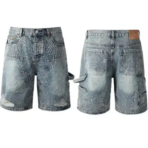 WCW- gym shorts Streetwear Vintage wash Rhinestone Sequined Denim Shorts Trendy Trend Light blue Loose Hip Hop Hole Casual Denim Shorts Plain Bottle Beige