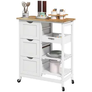 Rolling Utility Cart with Pull Out Serving Tray for Entertaining 3 Drawers for Silverware 2 Open Slatted Shelves for Bread Fruit for Patio Deck Balcony