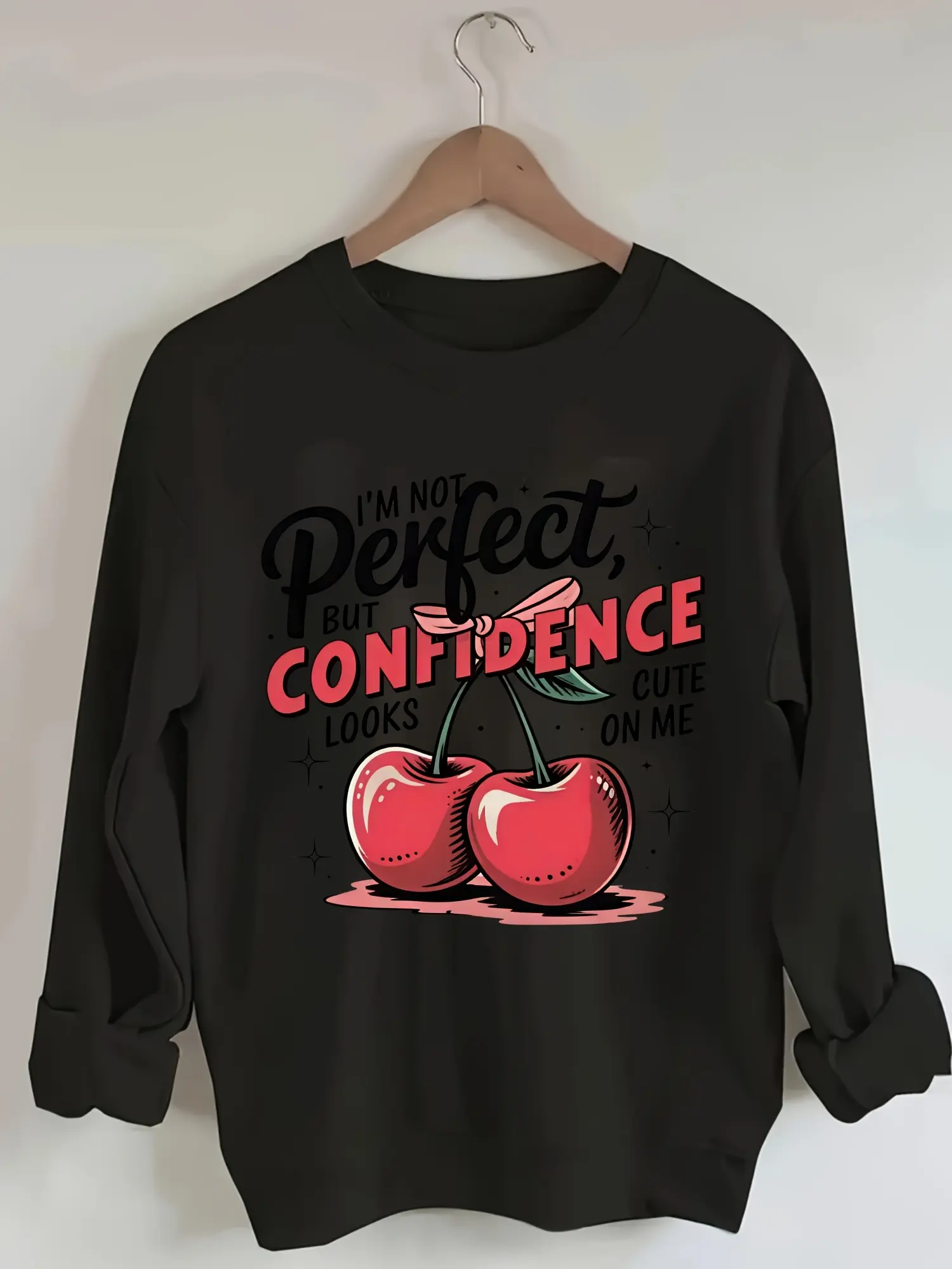 Women's Cherry Bow Graphic Sweatshirt - Coquette Crewneck, Positive Quote, Long Sleeve Oversized Everyday Apparel Tops for Fall Winter Casual Outfits, Printed