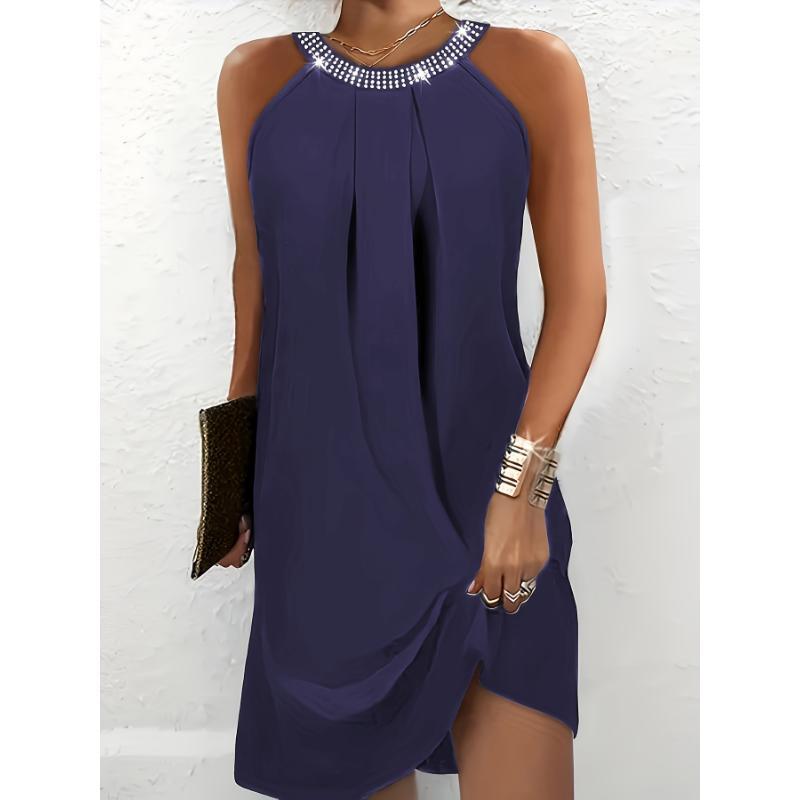 Tucked Sleeveless Dress, Casual Crew Neck Summer Solid Dress, Women's Clothing Elegant Loose Midi Flowery Backless Mini white  dress  girl