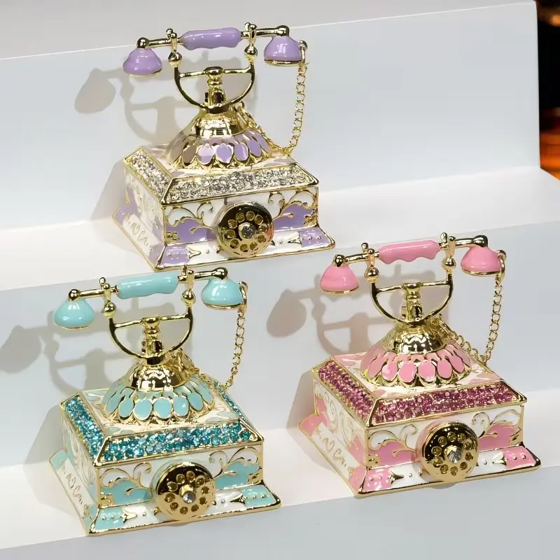 Pastel Retro Metal Rhinestone Floral Glossy Phone Jewel Casket - Vanity Home Organizer Storage Box with Compartment for Small Accessories, Decor Gift