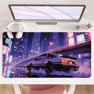 [Mouse Desk Pad] Non-Slip Computer Desk Pad Mouse Pad Large Gaming Mouse Pad With Rubber Base & Stitched Edge Cyberpunk Neon AE86 Design Desk Top Protector Mat For Home Office Christmas Gift