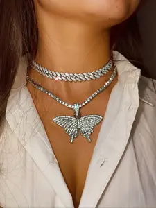 3pcs/set Hip Hop Trend Cuban Chain Tennis Link Chain, Butterfly Pendant Necklace, Iced Out Butterfly Necklace, Punk Choker Necklace, Chain Jewelry