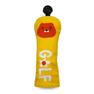 Cartoon Teddy Bear Golf Club Covers, Lemon Yellow Base Color, 3D Embroidery Design, 1/3/5 Wood Universal Club Covers, Wear-Resistant PU Leather, Shock Absorption Cushion, Protects Club Head, Energetic Style Golf Accessories