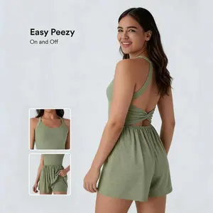 Backless Twisted design Romper with Side Pocket, 2-in-1 Resort Romper-Easy Edition with elastic waistband. Sutable For resort、 sport and casual activities, Built-in shorts with open back waistband, Featuring two side pockets for storing essentials